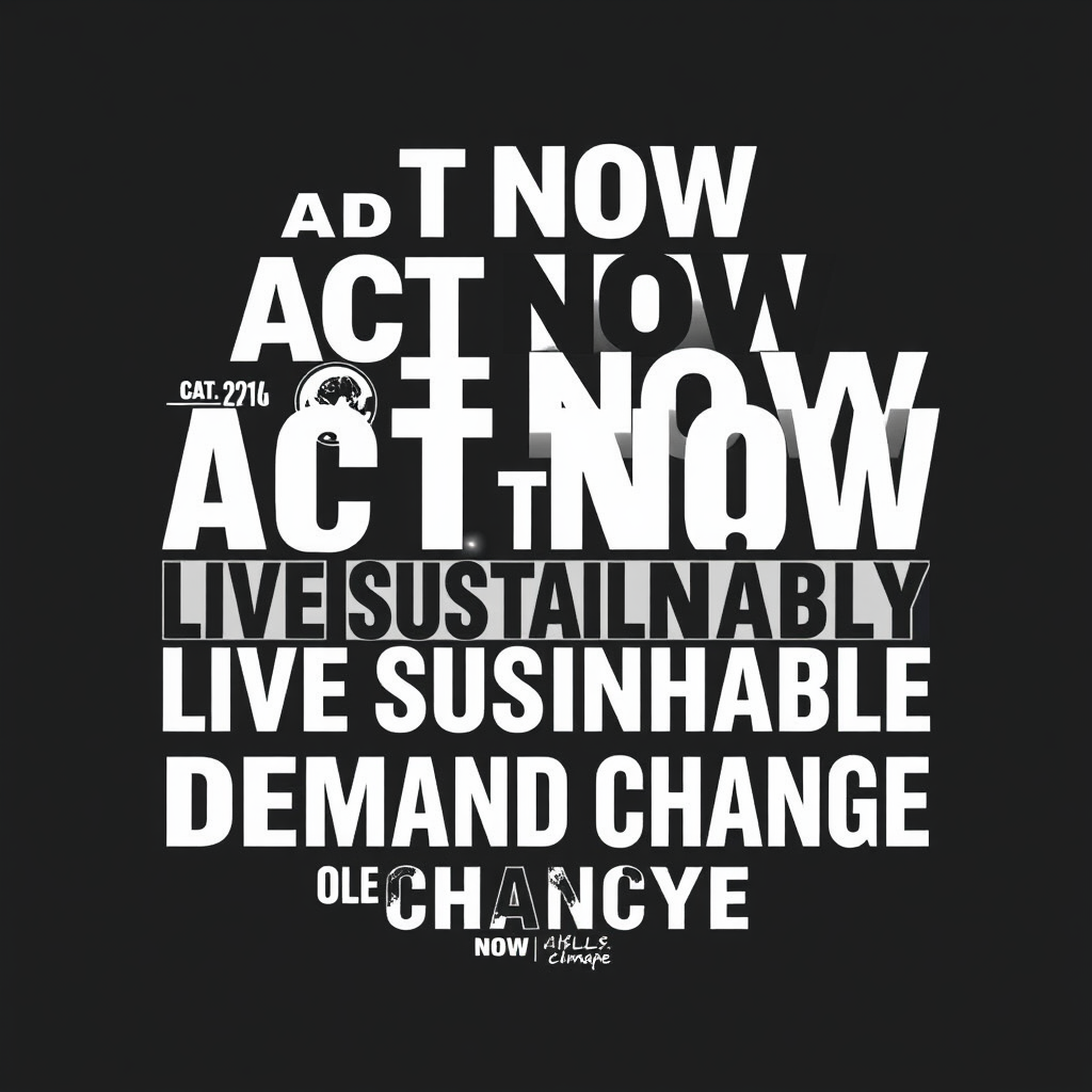 Typography Idea 4: Layered Text Message - Create a design where multiple related short statements (e.g., 'ACT NOW', 'LIVE SUSTAINABLY', 'DEMAND CHANGE') are layered with varying opacities and sizes, visually conveying multifaceted action and the complexity of the climate challenge through typography.