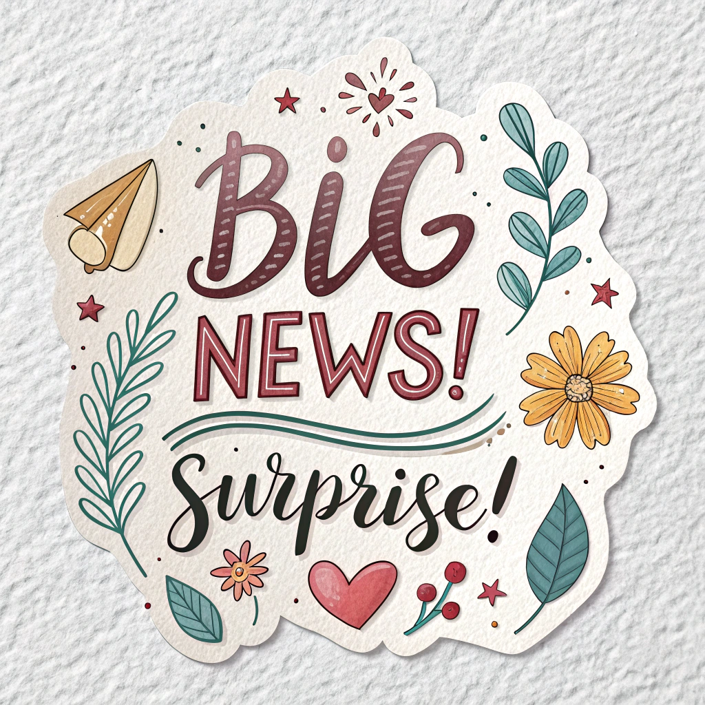 Handwritten Scrapbook Sticker: Designed with a charming, hand-drawn aesthetic, using script fonts and textured paper-like backgrounds. Perfect for personal vlogs, DIY content, or casual announcements like 'Big News!' or 'Surprise!'