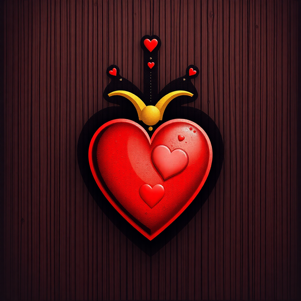 The image shows a red heart with a crown on top of it, set against a wooden background. The heart is animated, giving it a dynamic and lively feel.