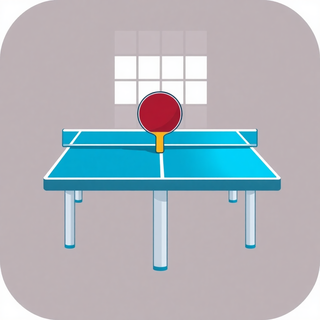 The image is an illustration of a ping pong table. The table is blue in color and has four legs. On top of the table, there is a red paddle with a yellow handle. The paddle is positioned in the center of the image, ready to hit the ball. The background is a light grey color with a window on the right side. The image has a simple and cartoon-like style.