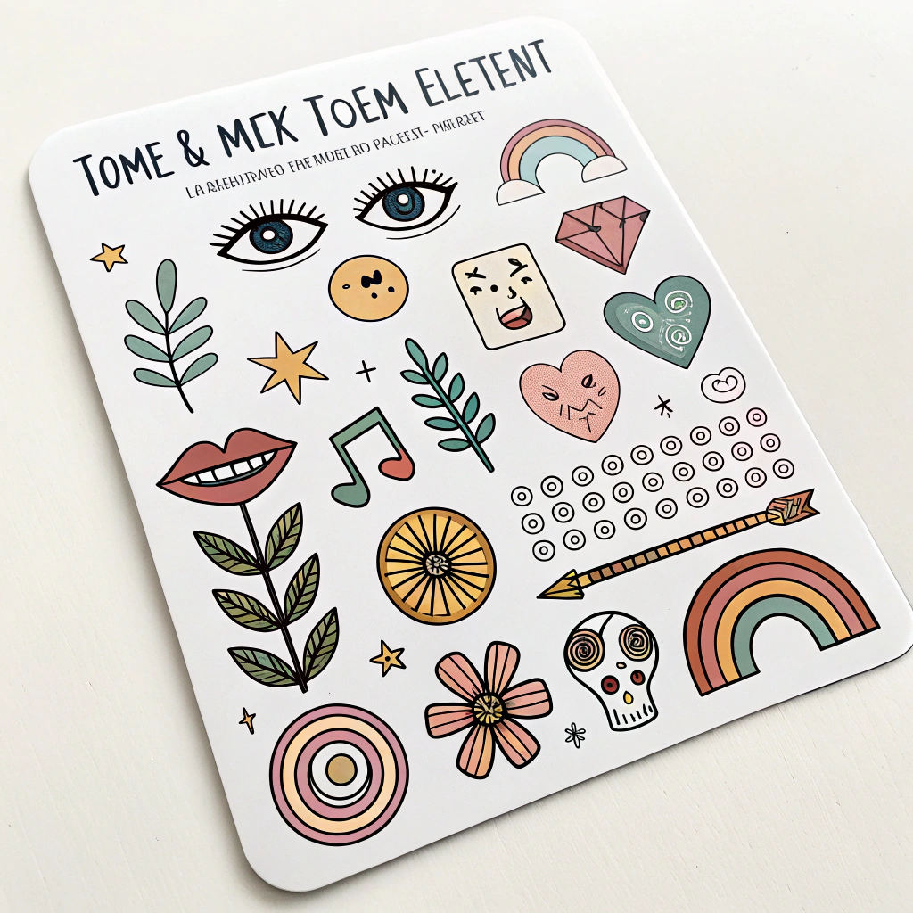 Mix-and-Match Totem Element Pack: A sticker sheet offering various individual elements to build or customize a totem's look. Includes: different eyes (googly, psychedelic spirals), mouths (smiling, surprised), decorative patterns (geometric, tribal), and small iconic symbols (hearts, stars, music notes, mini daisies). Allows for creative totem personalization.