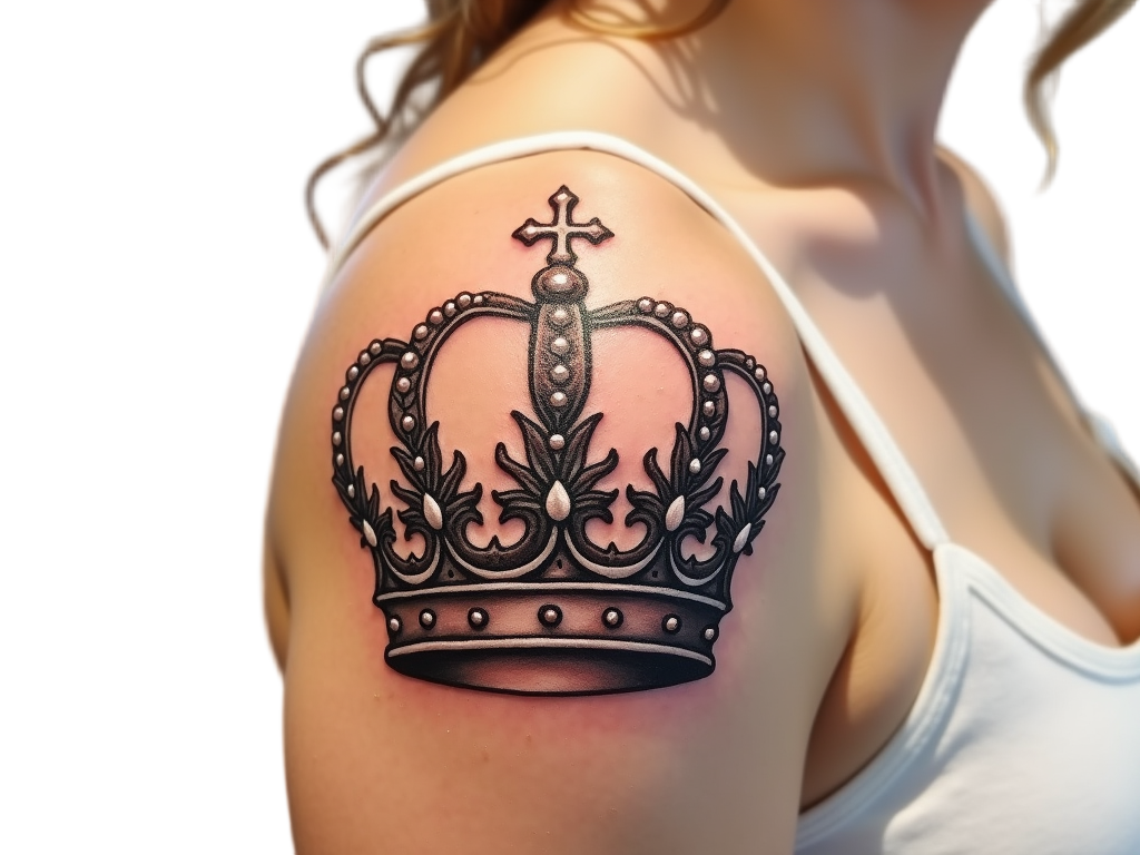 An image depicting a realistic crown tattoo on the upper arm, featuring ornate patterns, pearls, and a cross perched on top.