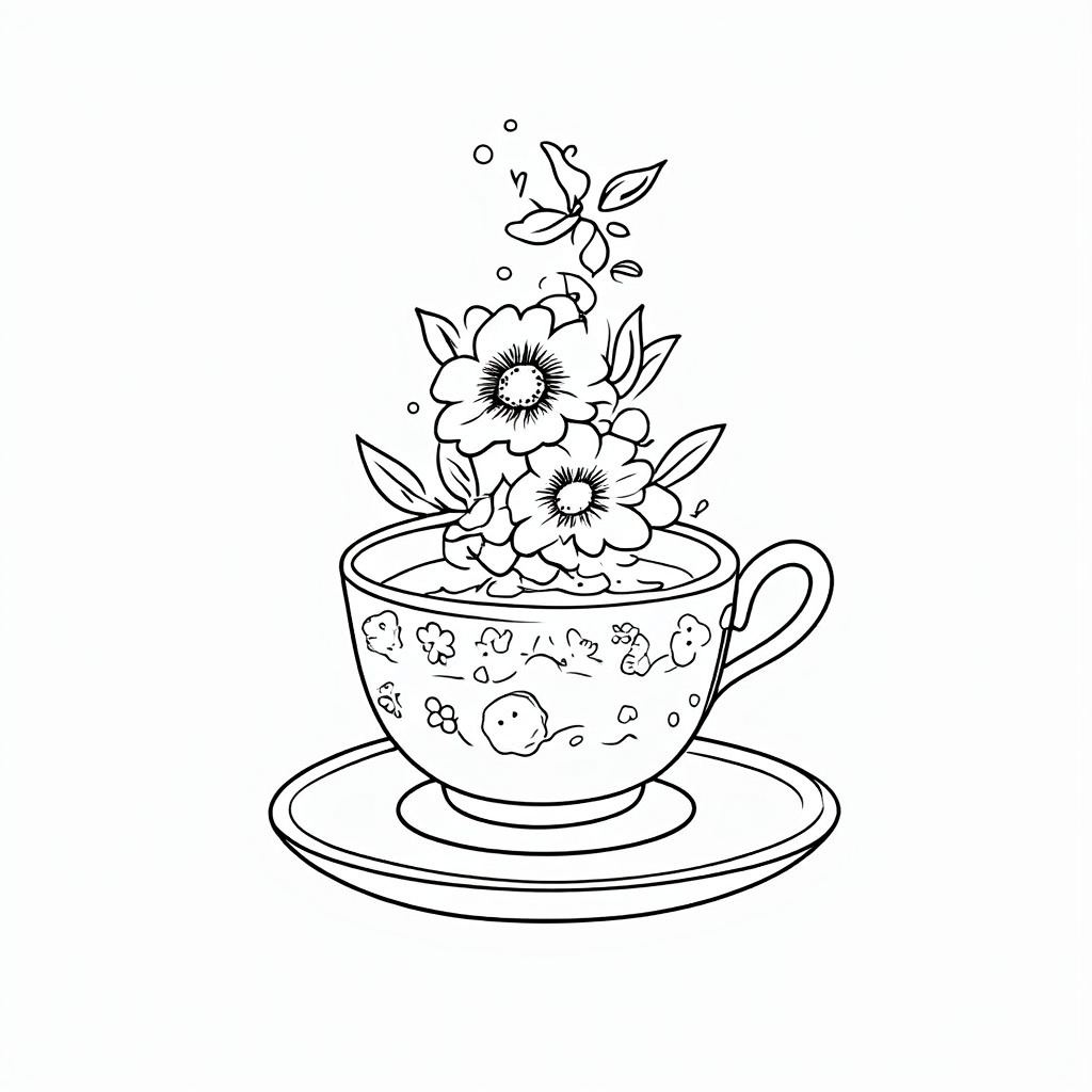 A charming scene featuring a beautiful teacup, possibly with a delicate pattern, from which a cascade of smaller flowers and leaves gently spills onto a saucer or surface, evoking warmth and gentle affection.