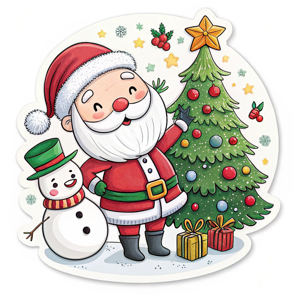 The image shows a cartoon picture of Santa Claus and a snowman standing in front of a Christmas tree adorned with colorful ornaments, lights, and a star on top. The snowman is wearing a festive hat and scarf, and there are several gift boxes scattered around them. The background is a bright white, creating a cheerful atmosphere.