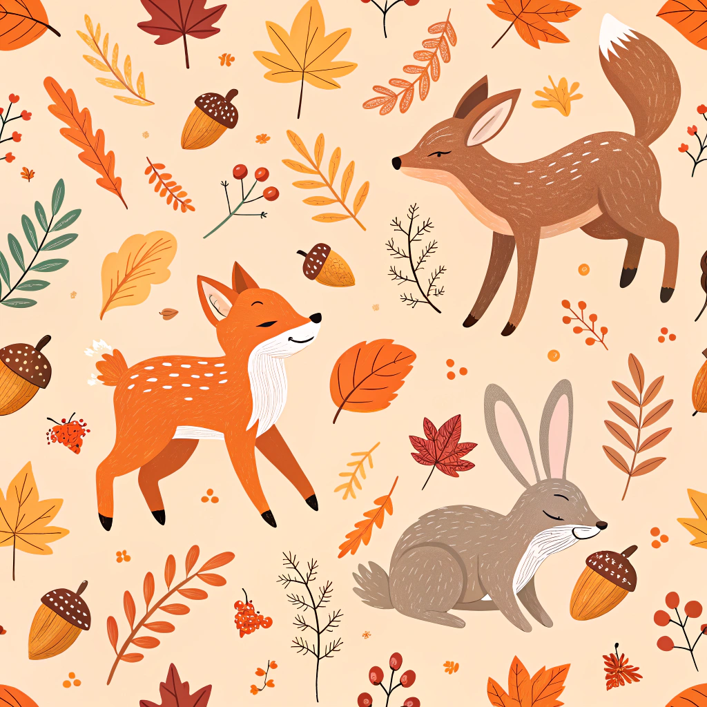 An illustrative Thanksgiving pattern of stylized woodland animals such as foxes, deer, and rabbits, surrounded by fall leaves and acorns. Presented on a pale orange background, the pattern conjures a serene autumn scene, reflecting the peaceful coexistence and gratitude Thanksgiving celebrates.