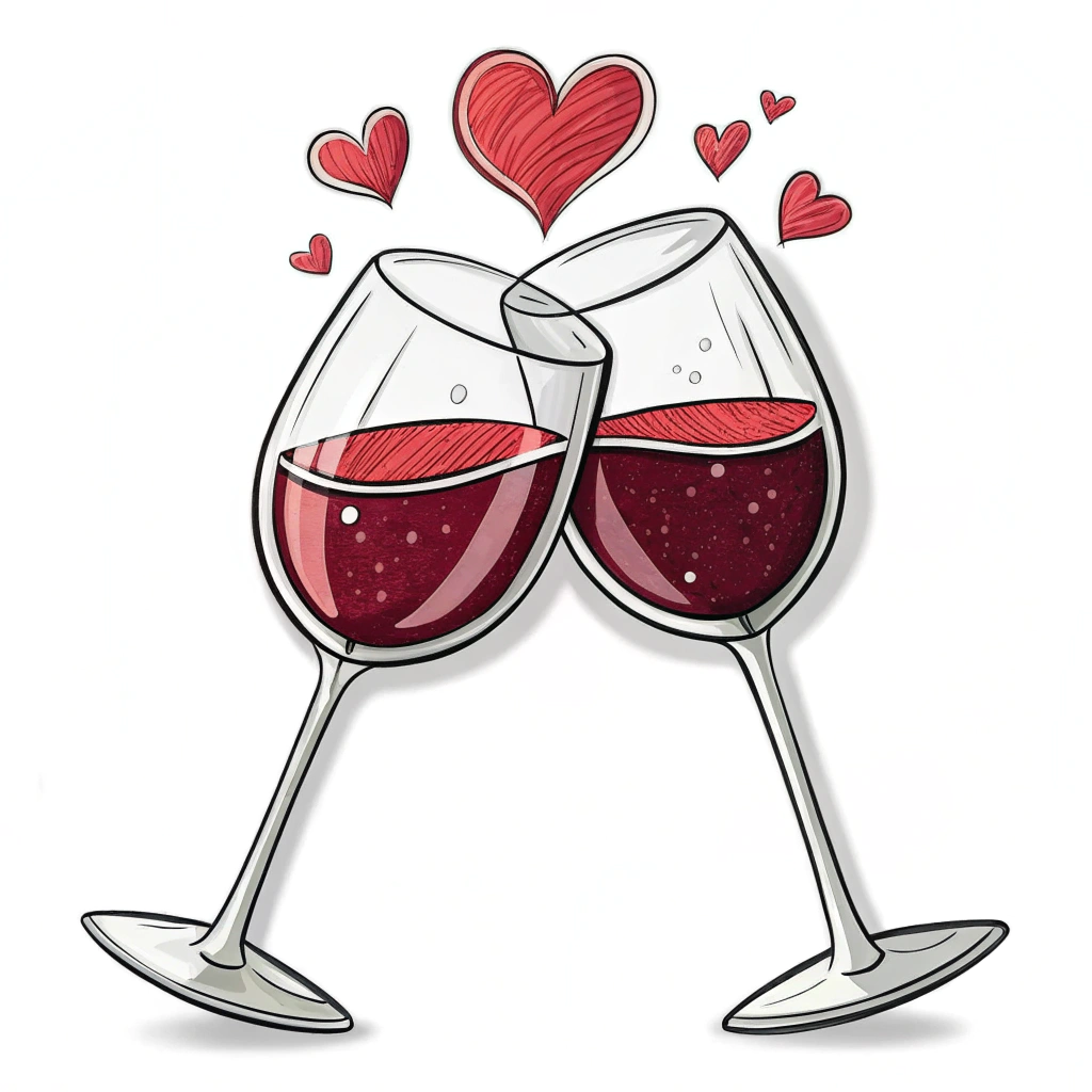 A sticker depicting two wine glasses clinking with a small heart floating between them.