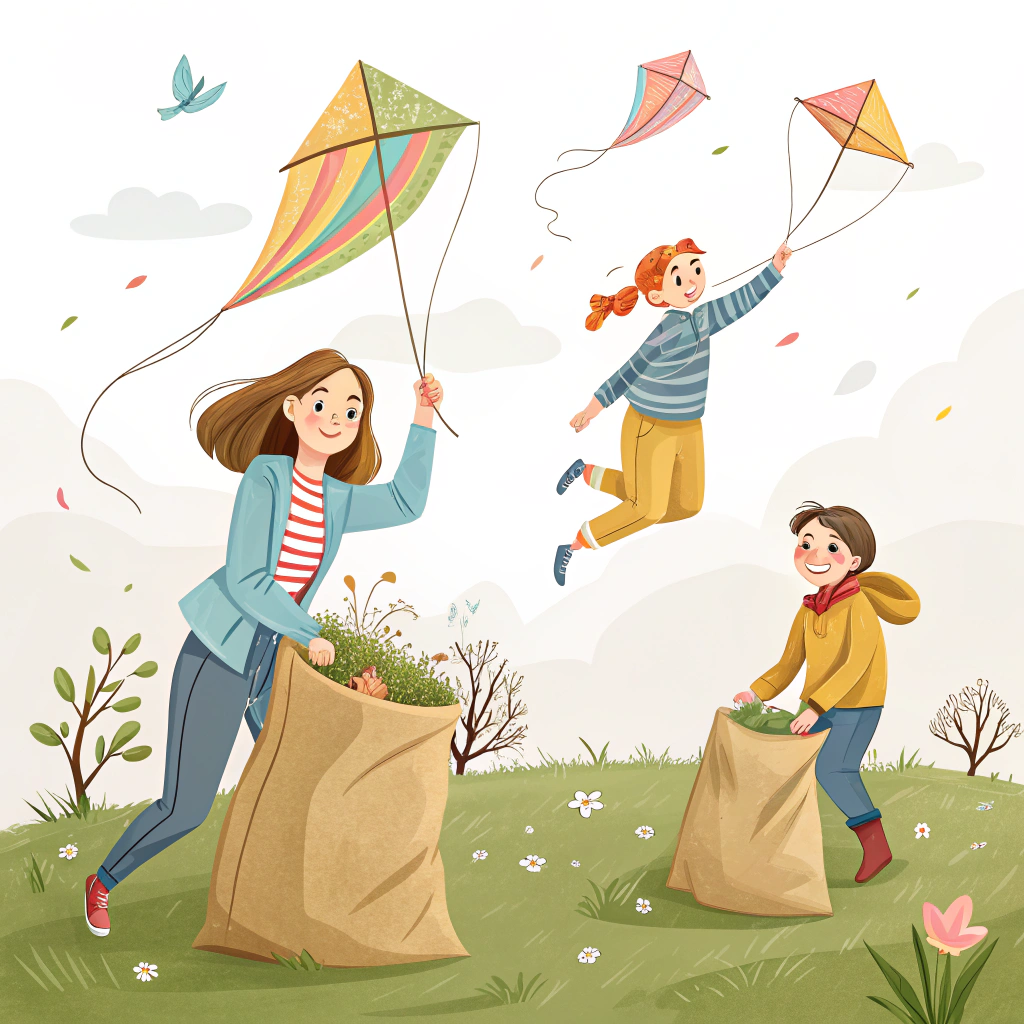 A sticker illustrating a family enjoying outdoor games and activities on Easter Monday, such as kite flying or sack races.