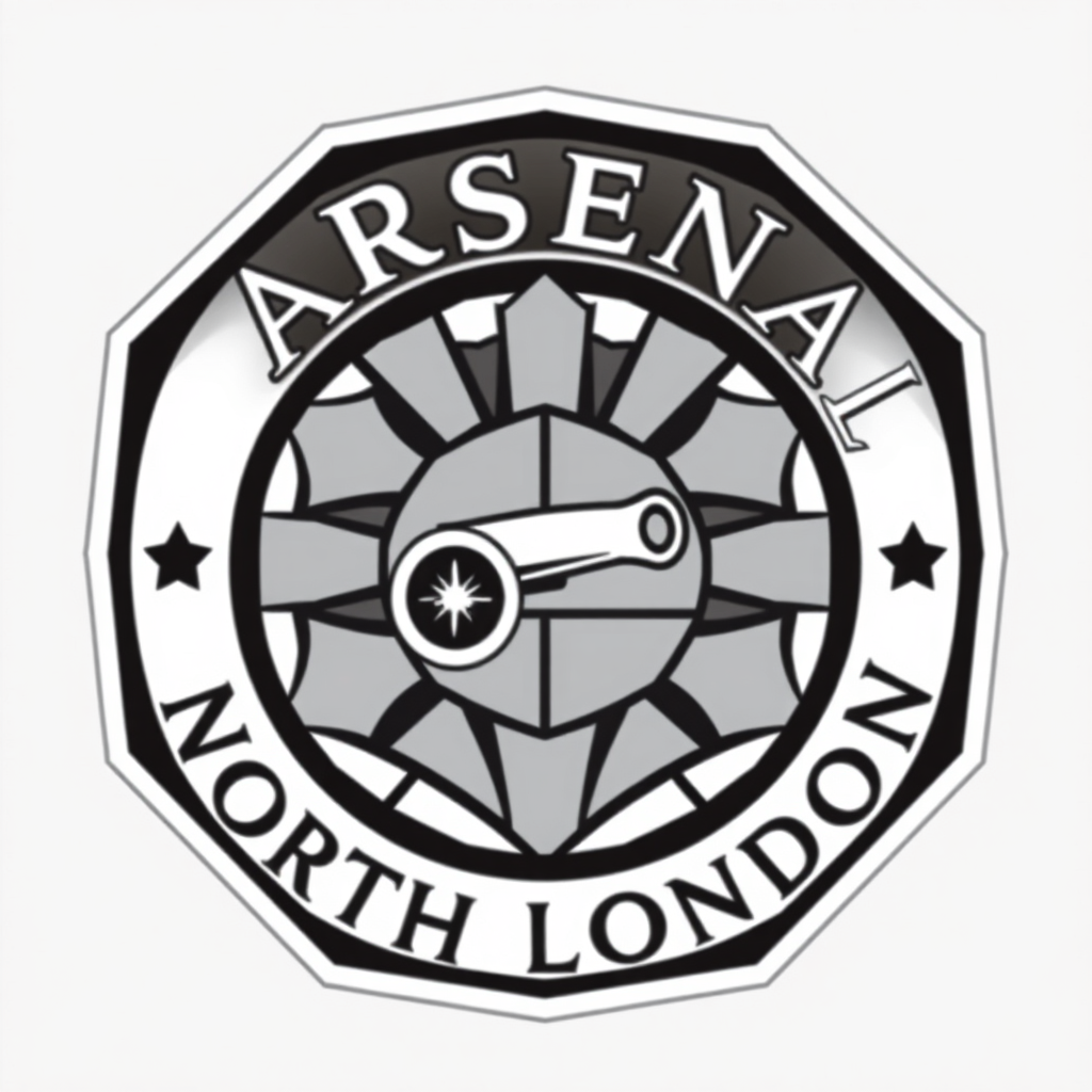 A circular or hexagonal badge where the outer ring contains 'Arsenal - North London' in a sharp, geometric font. The center features an abstract geometric motif inspired by local landmarks or Art Deco patterns found in the area, with a simplified cannon as a subtle element within the pattern.