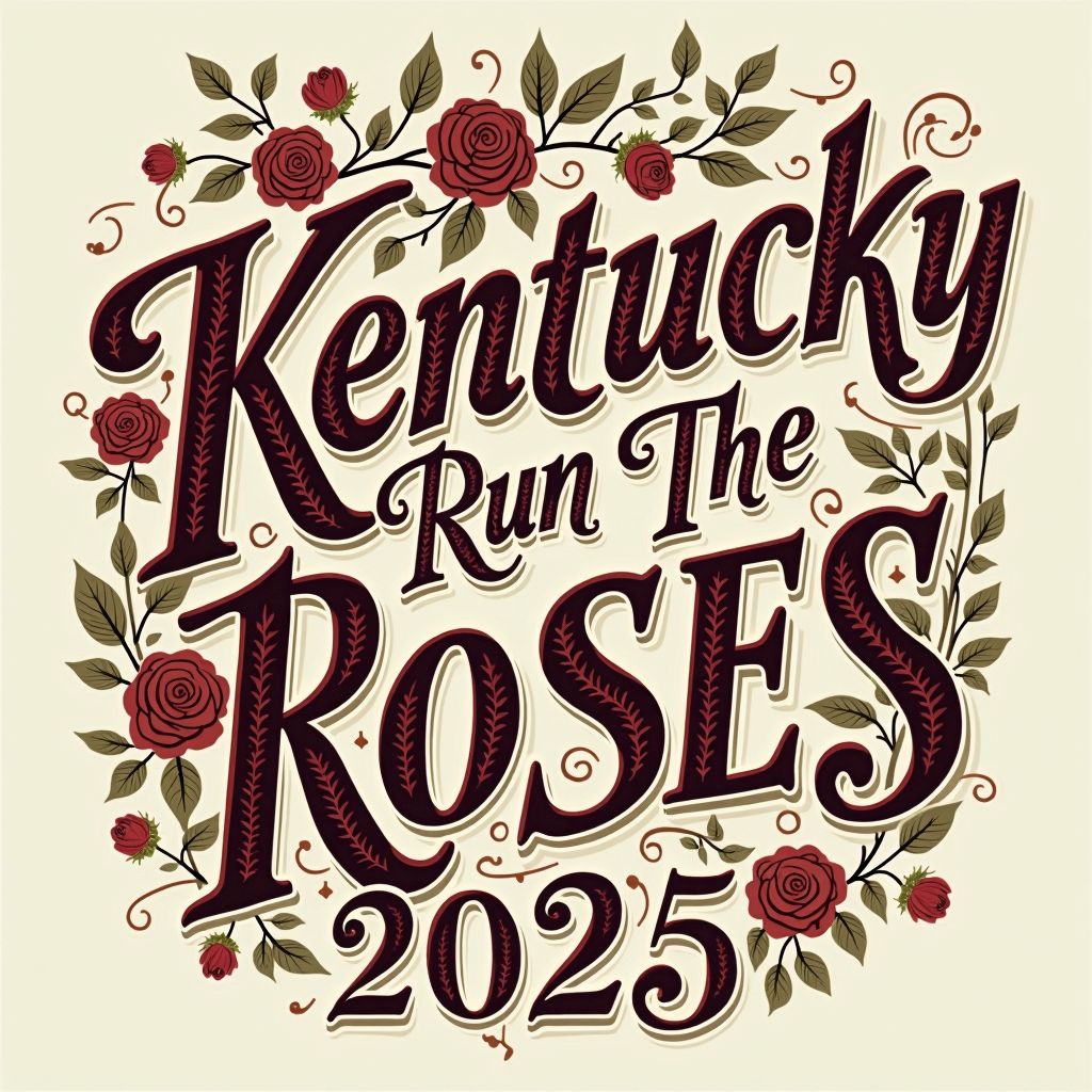 Vintage Poster Typography: 'Kentucky Derby' in a classic serif or elegant script font reminiscent of early 20th-century race posters. 'Run for the Roses' and '2025' are prominently featured, with stylized rose illustrations or silhouettes intricately woven into the letters or as decorative borders. The year '2025' could be designed with a distinctive, period-appropriate numeral style.