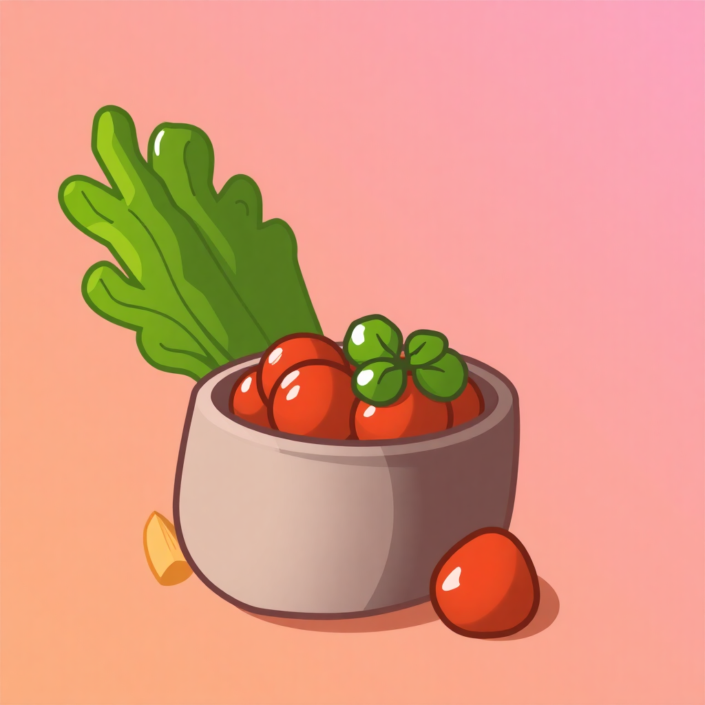 The image shows a bowl filled with a variety of vegetables, including tomatoes and leafy greens. The bowl is animated, giving the impression that the vegetables are freshly picked and ready to be enjoyed.