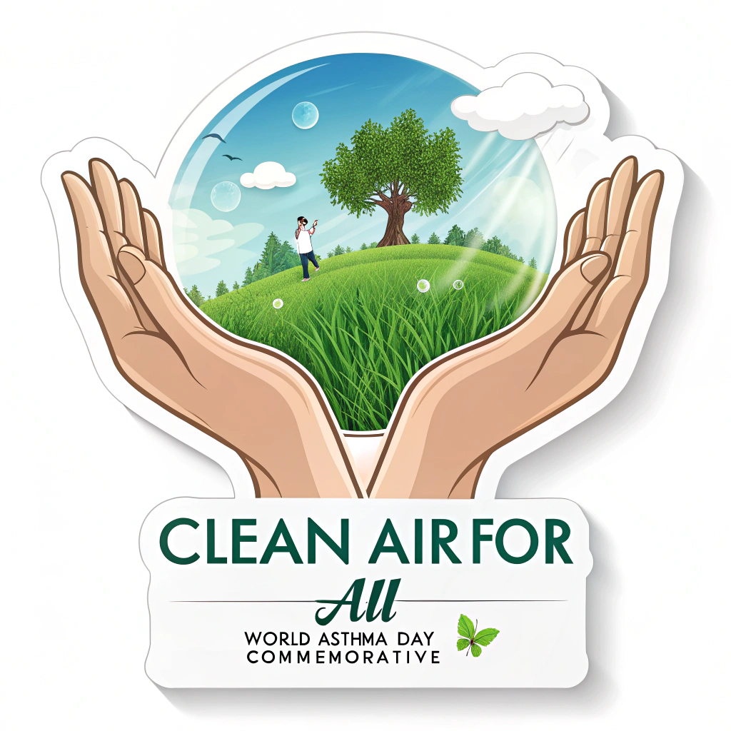 Sub-design idea 5 for WAD sticker: An image of two cupped hands gently holding and protecting a miniature, pristine landscape (featuring a blue sky and green grass), symbolizing the collective responsibility to protect air quality, with the text 'Clean Air for All - World Asthma Day Commemorative'.