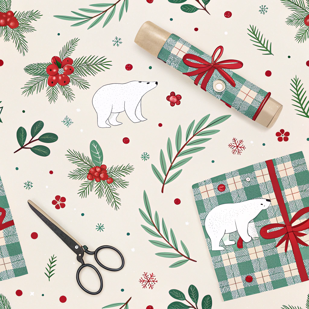 An overhead view of a flat lay featuring Christmas-themed wrapping paper in various patterns like holly berries, plaid, and polar bears, with scattered ribbons and scissors.