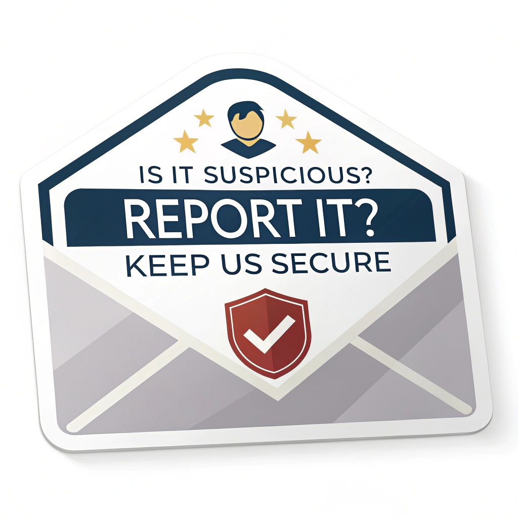 Sub-design 2: Sticker showcasing a stylized email icon with a prominent, contrasting 'Report' button and a small shield emblem beside it. Text: 'Is it Suspicious? Report It! Keep Us Secure.' Style should be clear and instructional.