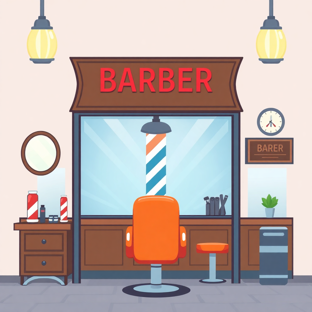 The image is an illustration of a barber shop. The shop has a large wooden sign with the word Barber written in red capital letters. Above the sign, there are two hanging light fixtures with yellow shades. On the left side of the shop, there is a wooden vanity with a mirror, a hair dryer, and a pair of scissors. In front of the vanity, there has an orange barber chair with a blue and white striped barber pole. There is also a small potted plant on the counter. The background is a light pink wall with a clock and a sign that reads BARBER.