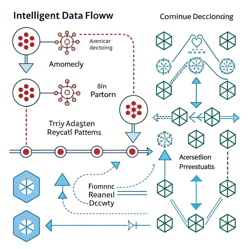 Intelligent Data Flow Choreography: Visualize data streams being continuously analyzed, where anomaly detection patterns highlight threats, triggering adaptive filtering, redirection, or neutralization patterns that visibly adjust the flow.