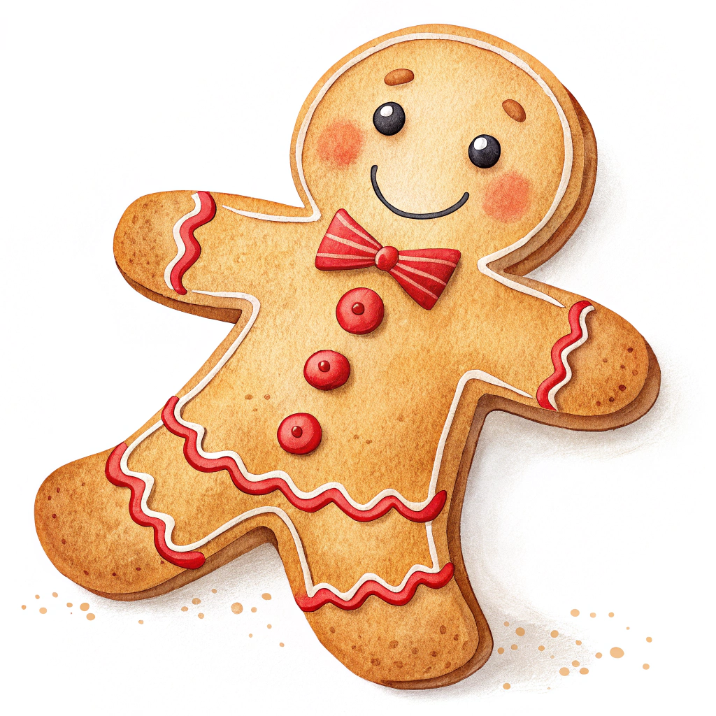 The image shows a gingerbread man with a red bow tie on a white background. It is a painting of a toy, likely a Christmas cookie, with intricate details such as a round body, two eyes, a nose, and a mouth. The cookie is decorated with colorful icing and sprinkles, and the bow tie is a bright red color.