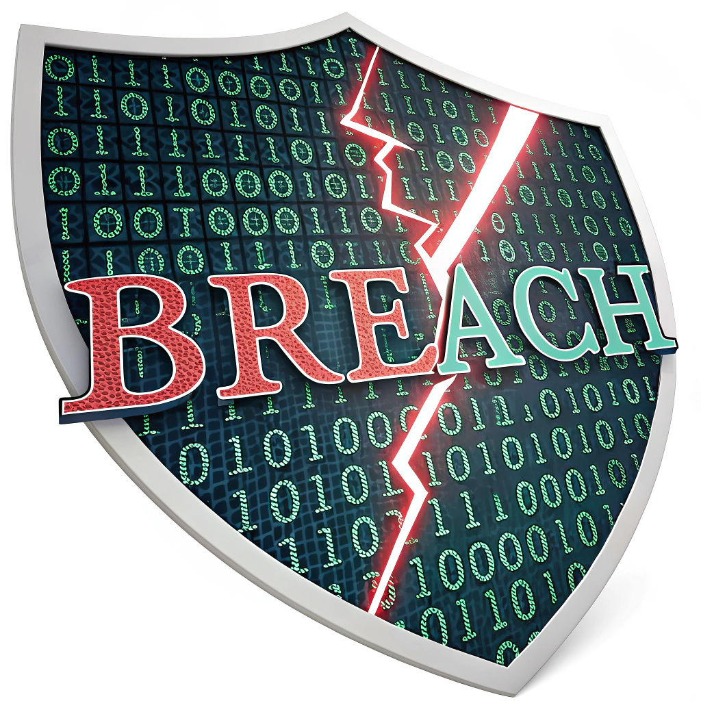 A dense wall of binary code forms a shield shape. A bright red, jagged 'breach' line, resembling a crack or a laser cut, slices through the shield, with a few rogue '1's and '0's escaping from the breach, glowing with malicious intent.