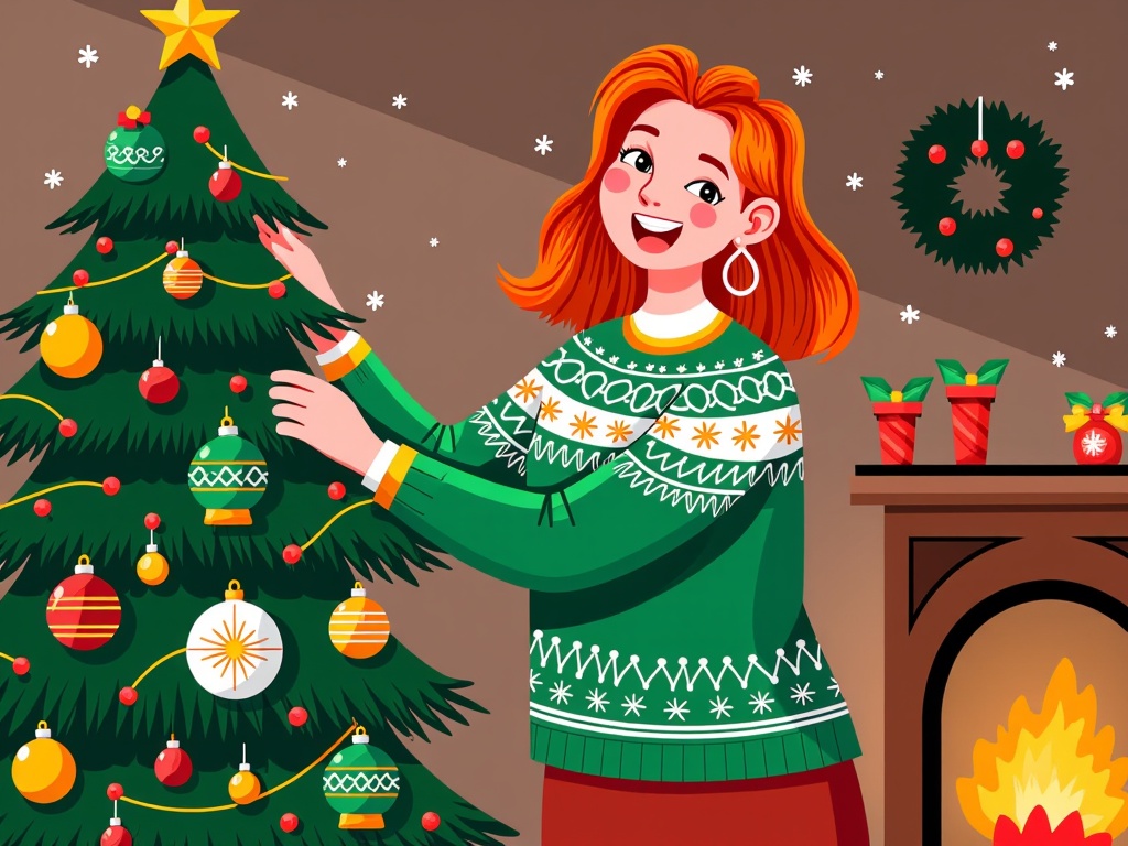  a young girl with red hair, wearing a green sweater with white snowflakes and a red skirt, standing in front of a Christmas tree. She is holding a gold star on top of the tree and is decorating it with colorful ornaments and lights. The tree is decorated with red, orange, yellow, and green baubles, and there is a fireplace in the background with a wreath hanging on the wall. The girl is smiling and appears to be happy as she decorates the tree.