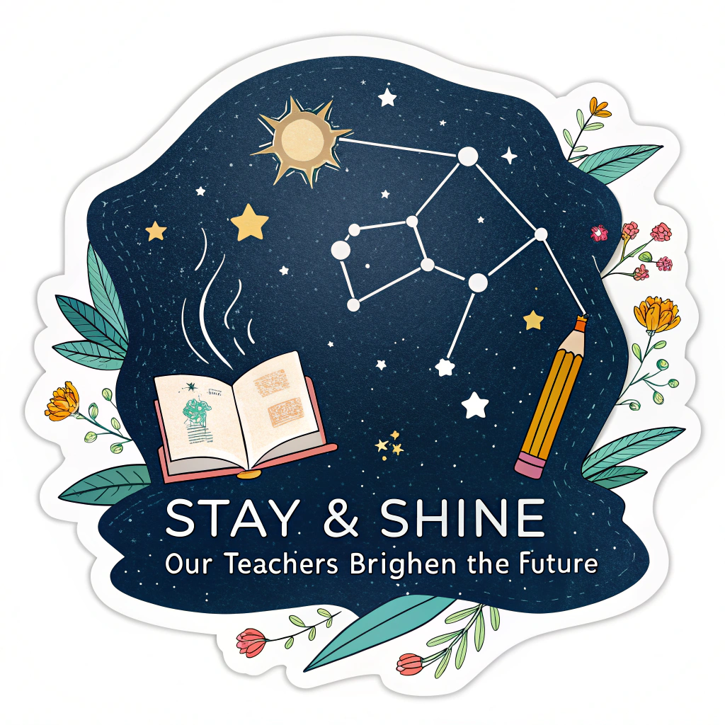 Constellation of Brightness Sticker: On a dark, inspiring background, a constellation formed by interconnected shining points or small symbols (book, pencil) that create a larger, bright motif (e.g., a path, a sun). Slogan 'Stay & Shine: Our Teachers Brighten the Future' woven into the design.