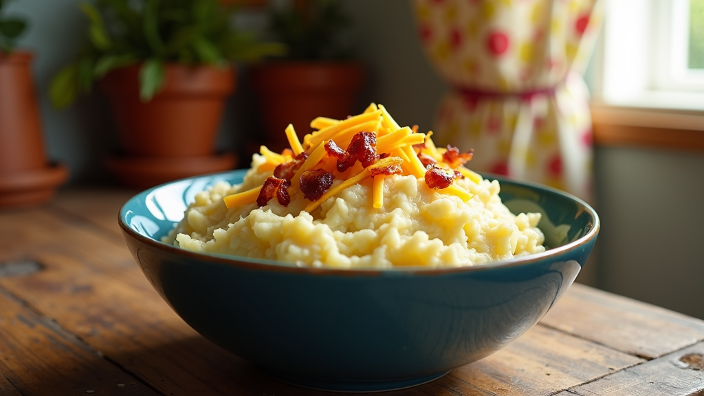 A serving of mashed potatoes in a deep blue bowl, highlighted with bacon bits and shredded cheddar cheese, set against a cozy kitchen background.