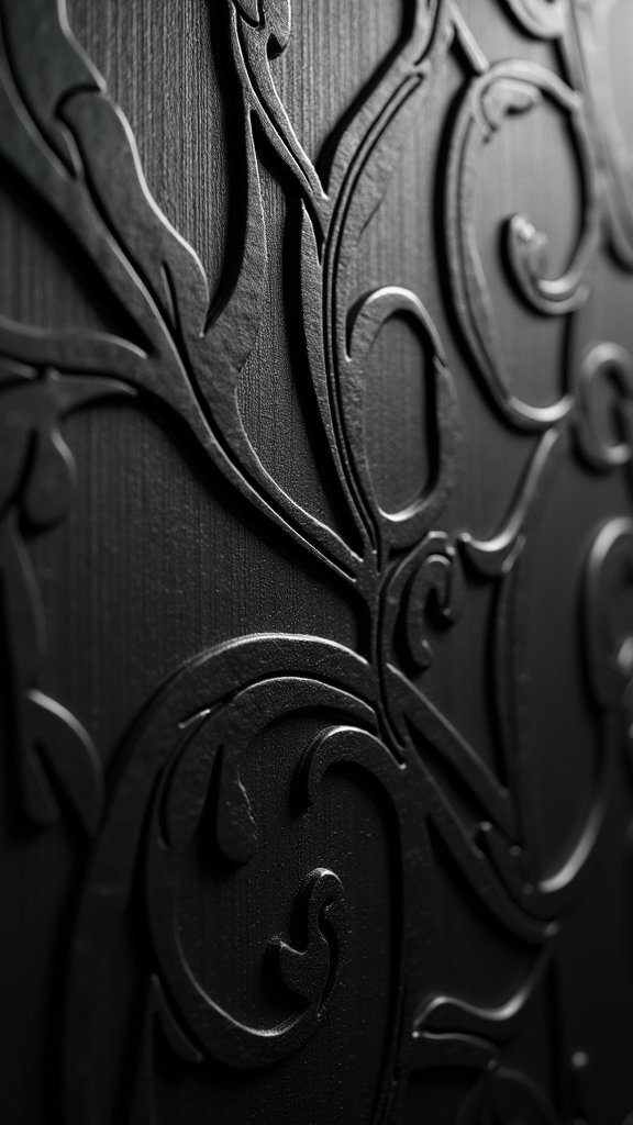 The image shows a close up of a black door with a decorative design on it. The door is made of wood and the design is intricate and detailed.