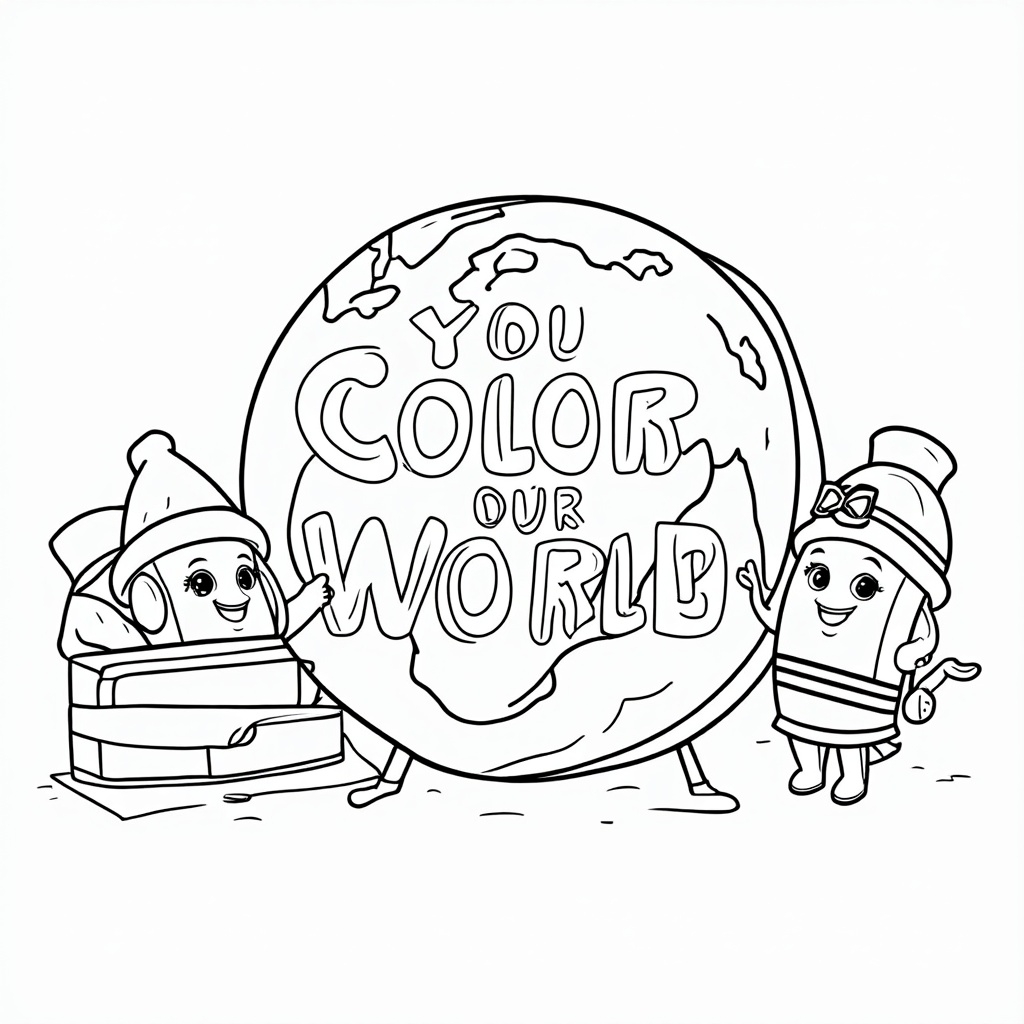 Crayon Characters Adventure: Cute, anthropomorphic crayon characters with expressive faces are on an adventure, painting and coloring a large, blank canvas that depicts a vibrant Earth. Their 'home base' is an open crayon box. The slogan 'You Color Our World' could be 'written' by one of the crayon characters.