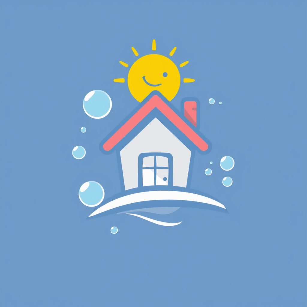 A circular logo with a house inside, surrounded by bubbles and a smiling sun, conveying cleanliness and happiness.