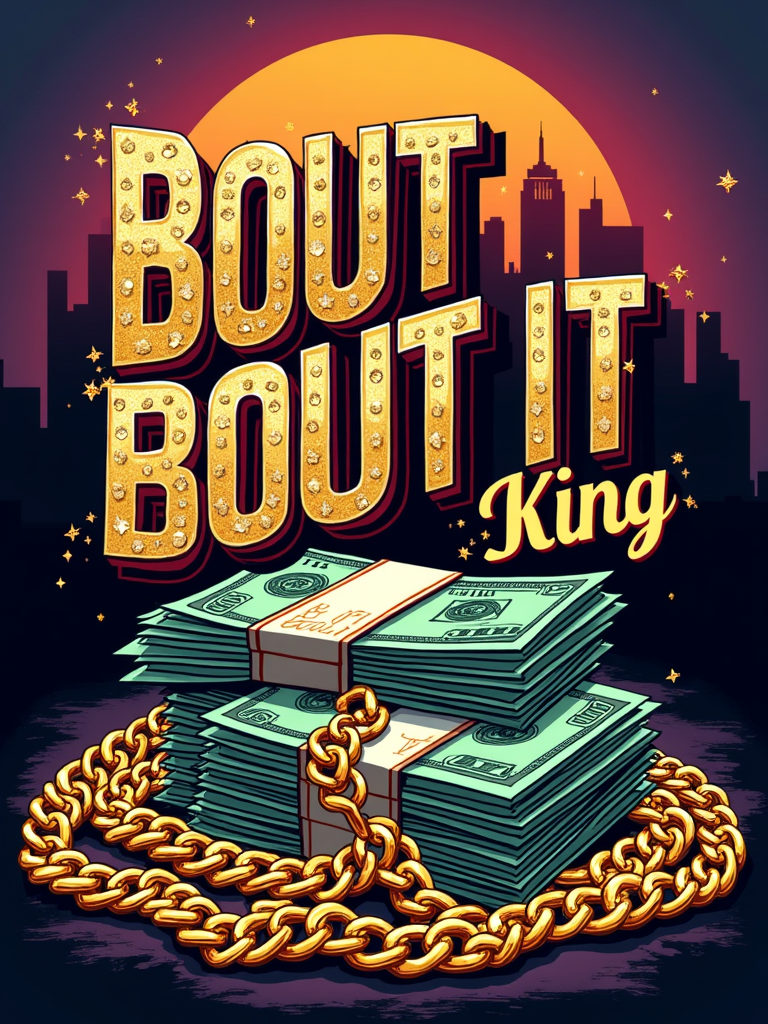 A retro 90s hip-hop album art style design (Pen & Pixel inspired) incorporating bold, metallic, or diamond-encrusted text for 'Bout It Bout It Birthday King'. Elements like gold chains, money stacks, or a cityscape silhouette could form the background for 'Master P Birthday Bash'.