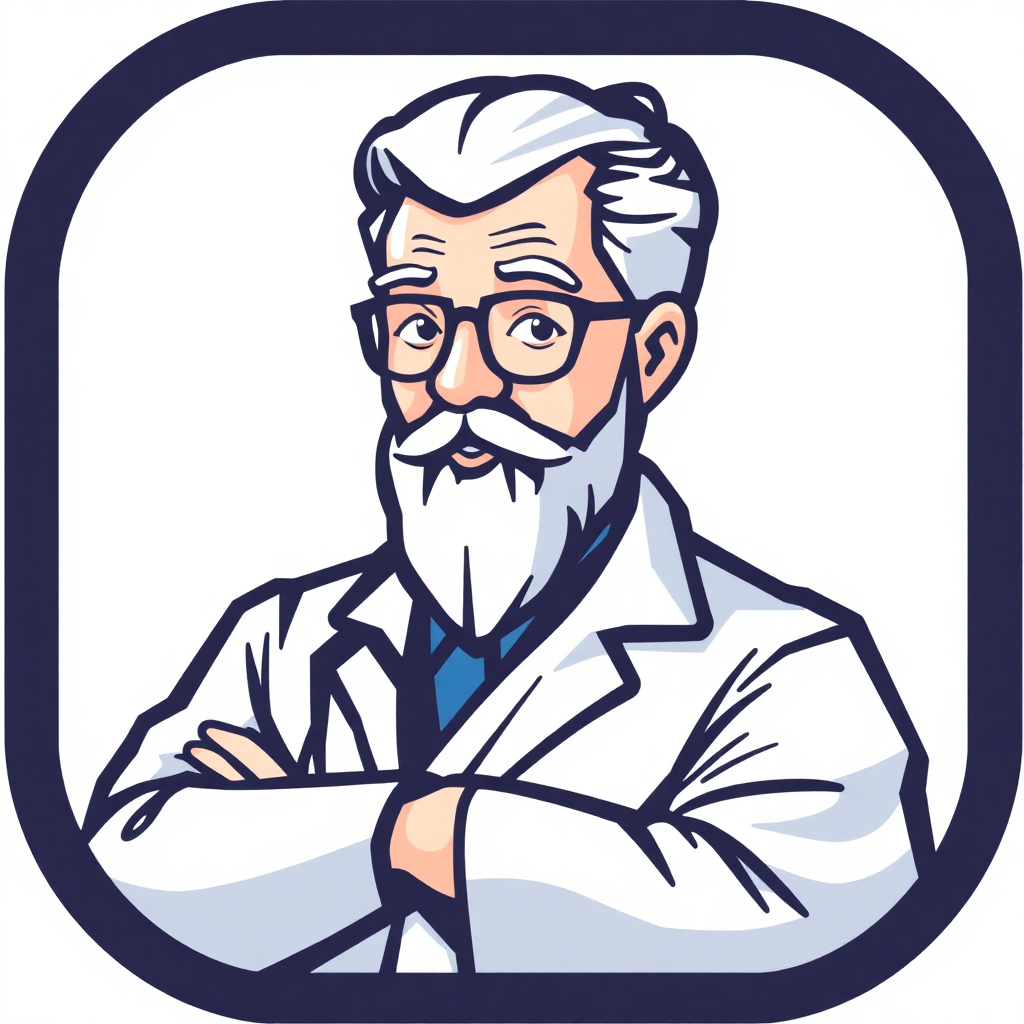 The image is a portrait of an elderly man with a white beard and mustache. He is wearing a white lab coat and has a pair of glasses on. He has his arms crossed in front of him and is looking directly at the camera with a serious expression. The background is a dark blue oval shape. The image is in a cartoon-like style.