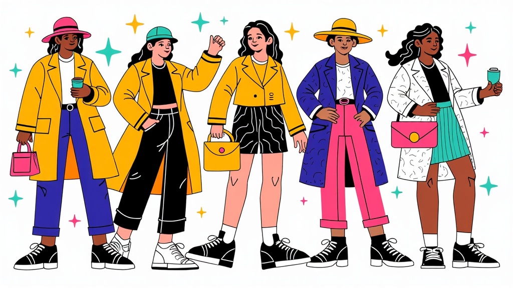 A series of dynamic fashion illustrations capturing candid street style moments from outside NYFW shows, emphasizing notable trends.