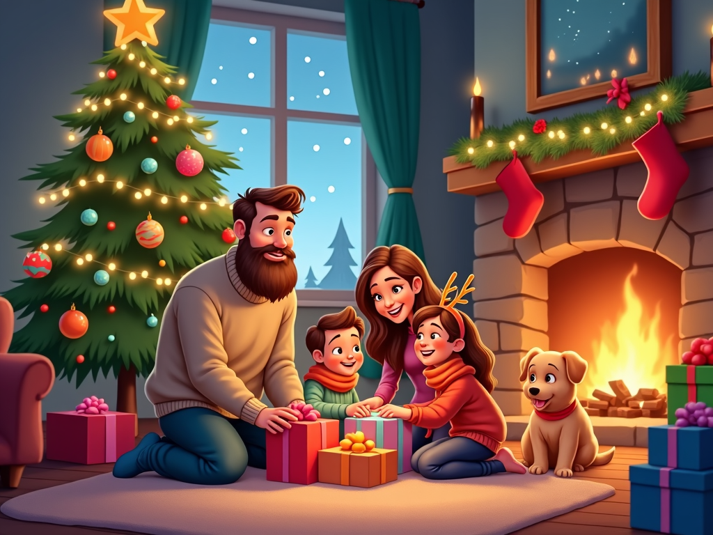 A cozy living room setting with a crackling fireplace surrounded by stockings. There's a beautifully decorated Christmas tree with colorful baubles and lights. A cartoon family, including parents, kids, and a pet, are joyfully arranging gifts under the tree, with snow falling outside the window.