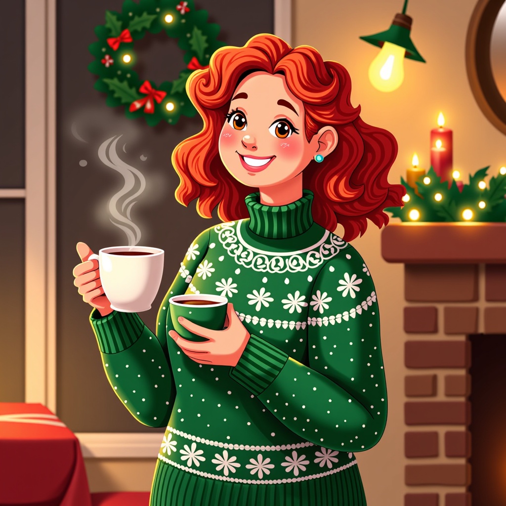  a young woman with red curly hair, wearing a green sweater with white snowflakes and a green turtleneck. She is standing in front of a fireplace with a wreath hanging on the wall behind her. The woman is holding two cups of coffee in her hands and is smiling at the camera. There is a steam rising from one of the cups, indicating that she is enjoying the warmth of the coffee. The room is decorated with Christmas lights and a mirror on the right side of the image.