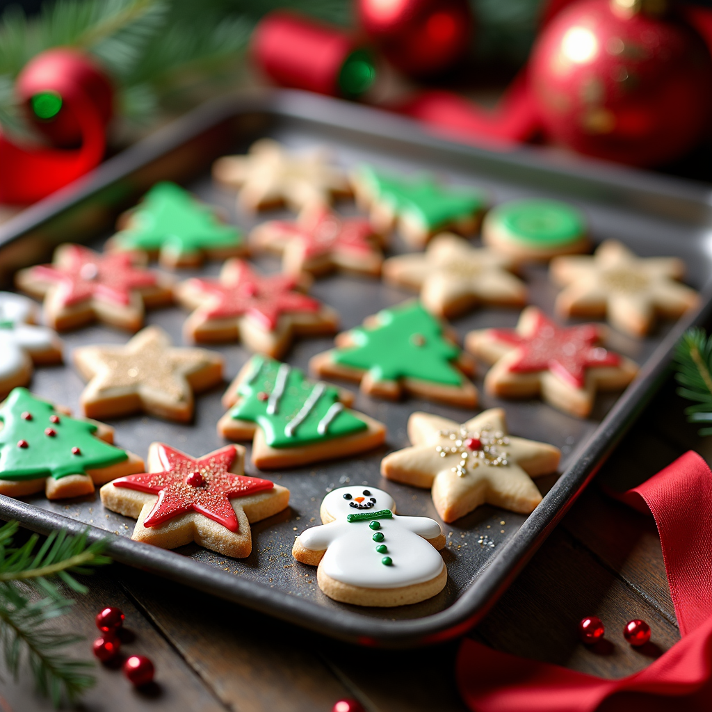  a tray of decorated Christmas cookies on a wooden table. The cookies are in the shape of Christmas trees, stars, and snowmen. The tray is lined with a red ribbon and there are red and green ornaments scattered around the tray. The background is blurred, but it appears to be a wooden surface with greenery and red berries. The overall mood of the image is festive and cheerful.