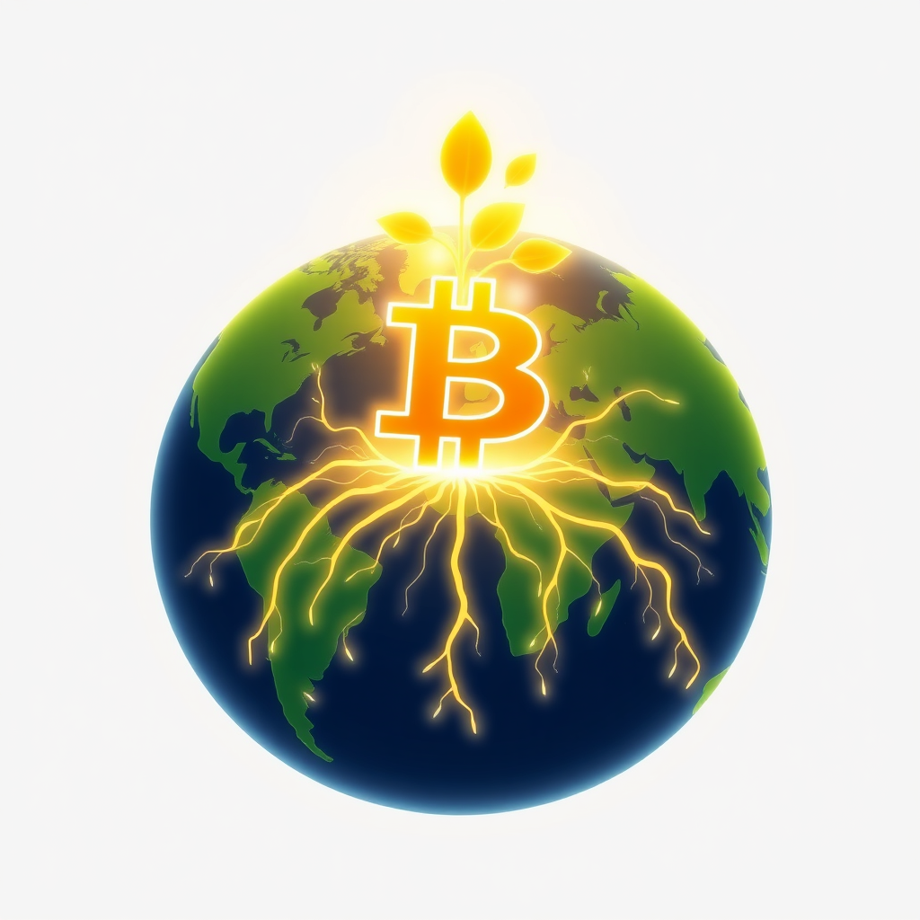 The Bitcoin symbol visualized as a central 'seed,' with glowing roots spreading to form continents on a stylized globe, illustrating the growth of the 'Global Ledger' by 2025.