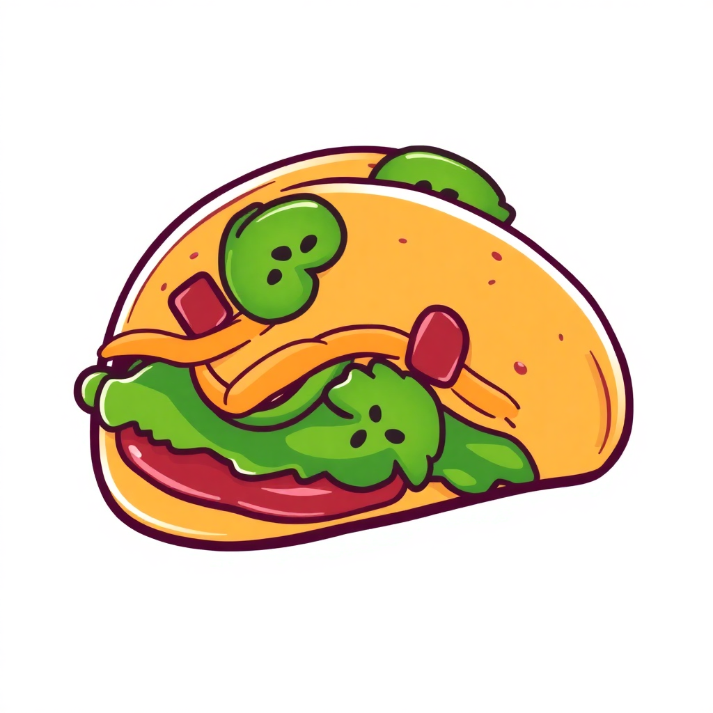 The image is a cartoon illustration of a taco. The taco is orange in color and has a round shape with a flat top. It is filled with a variety of ingredients, including lettuce, tomato, cheese, and other toppings. On top of the taco, there is a green smiley face with two small eyes and a small nose. The overall style of the illustration is playful and cartoon-like.