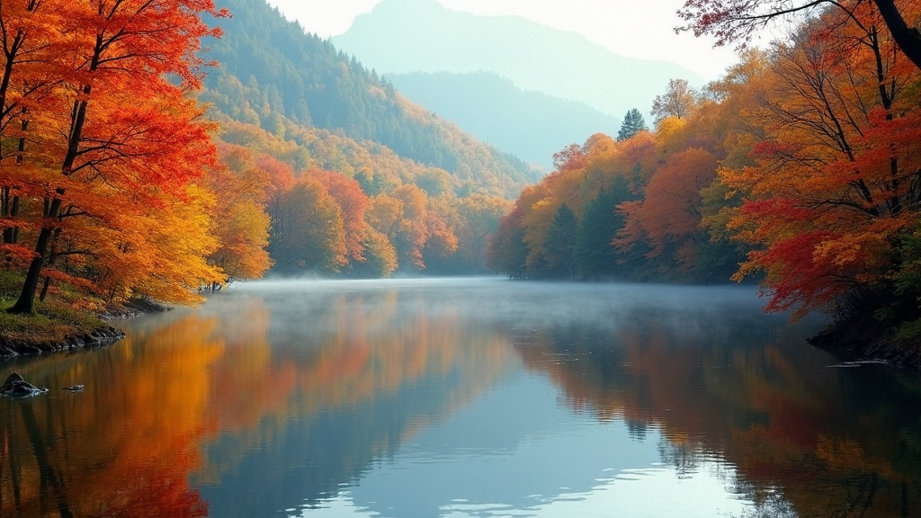 A serene lake reflects a riot of autumn colors from trees lining its banks, magnified by the calm, clear waters.