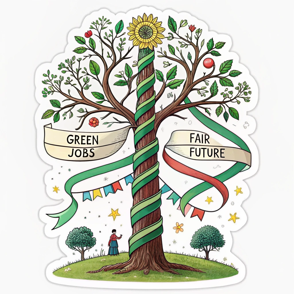 Sub-design 4 (Eco/Growth Theme): Maypole depicted as a flourishing tree or plant. Ribbons appear as leaves/vines with demands like 'Green Jobs,' 'Fair Future.'