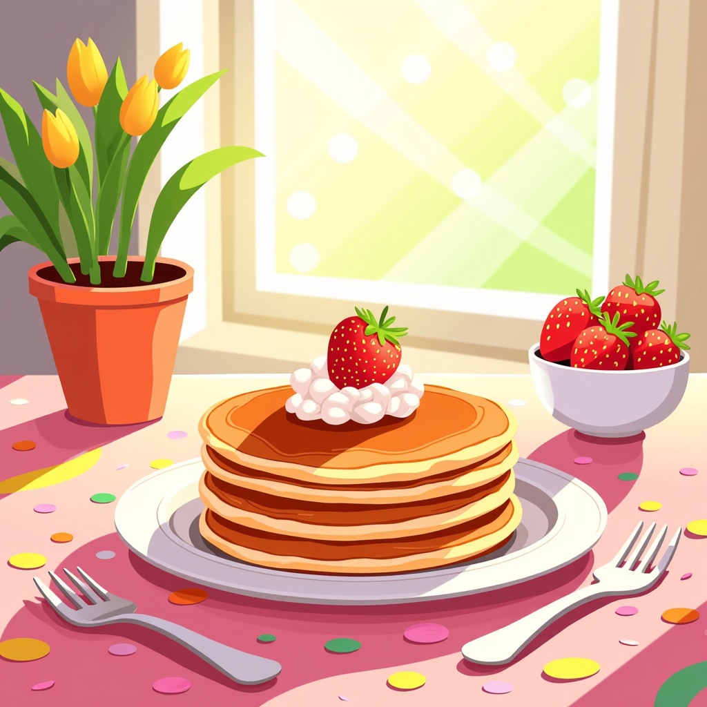  a stack of pancakes on a white plate with a dollop of whipped cream and a strawberry on top. The plate is placed on a pink tablecloth with colorful confetti scattered around it. On the right side of the table, there is a small bowl of fresh strawberries and a potted plant with yellow tulips. The background shows a window with white curtains. The overall color scheme of the image is bright and cheerful.