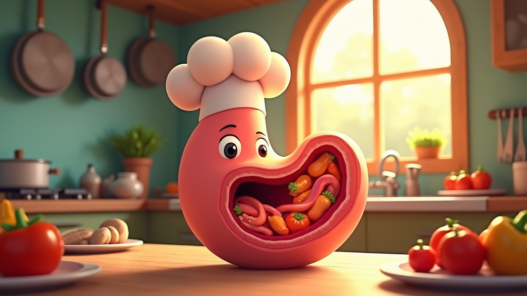 The image shows an animated cartoon character in a chef's hat sitting at a kitchen counter with a variety of vegetables on the table in front of him. In the background, there is a kitchen platform with a stove, utensils, pots with plants, a sink with a tap, spoons hanging from a hanger, a window, and a cupboard. On the left side of the image, there are pans hanging on the wall.