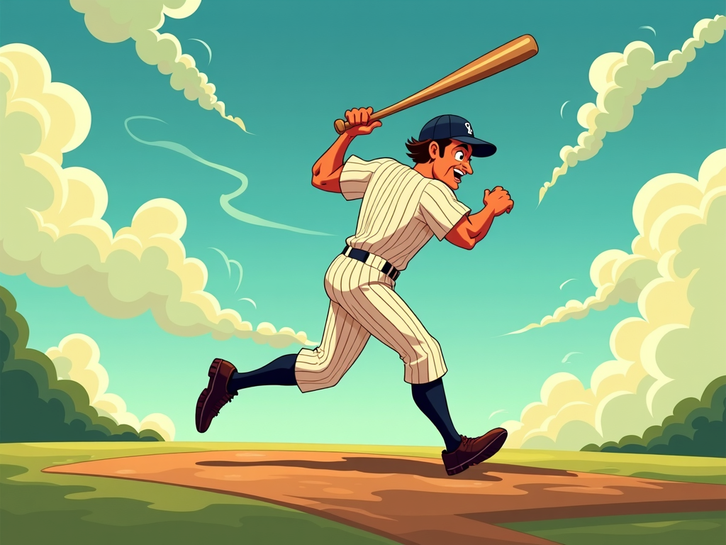 Flowing Organic Forms: Represent Babe Ruth using fluid, organic shapes that suggest his powerful movement and legendary status. Employ a modern color palette where colors blend and flow, with subtle hints of his uniform or baseball imagery emerging from the abstraction, giving a soft, dreamlike cartoon quality.