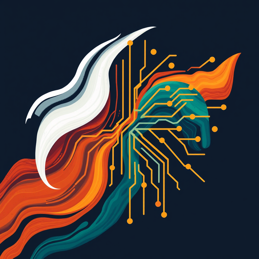 Sub-design Idea 3: Creative Circuit - A design that merges the structured look of a circuit board with fluid, artistic elements like paint strokes or evolving natural forms, indicating the technical foundation of AI art.