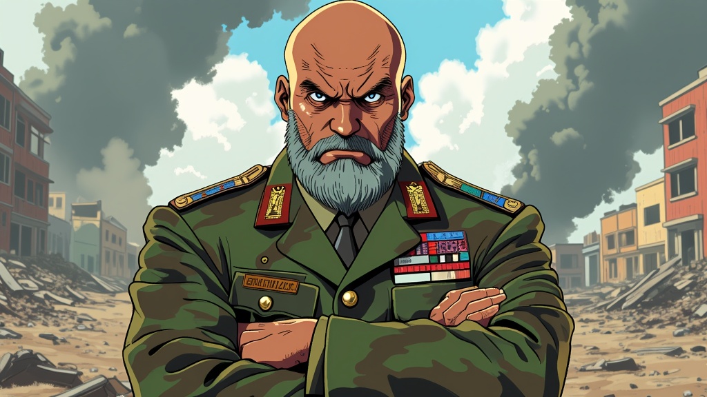 The image is an illustration of a man in a military uniform standing in the middle of a destroyed city. The man has a bald head and a long beard, and is wearing a green jacket with gold epaulettes and medals on his chest. He has a serious expression on his face and his arms are crossed in front of him. The city appears to be in ruins, with rubble and debris scattered around and buildings in the background. The sky is cloudy and there is a large plume of smoke rising from the buildings. The overall mood of the image is one of destruction and chaos.