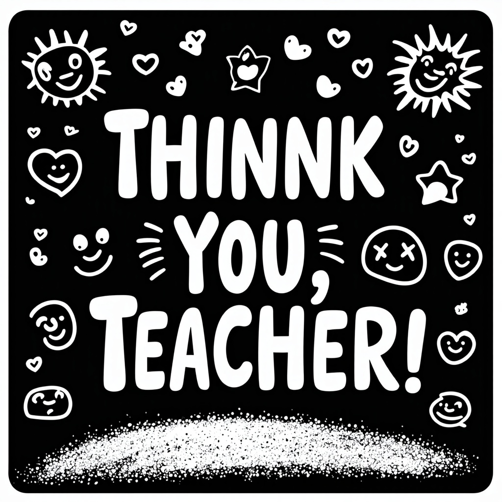A playful chalkboard scene where 'Thank You, Teacher!' is written in a fun, child-like font, surrounded by doodles of stars, hearts, and smiling faces, with a chalk dust effect at the bottom.