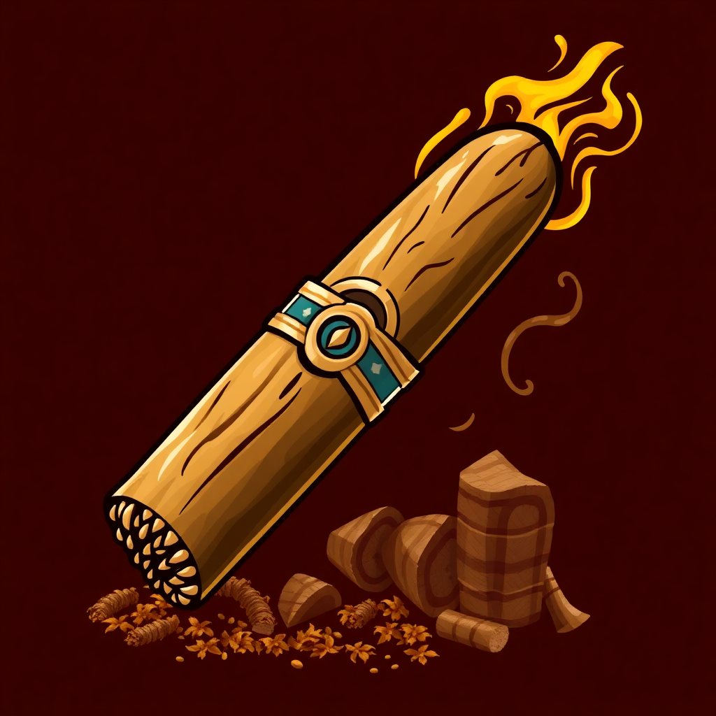 The image is an illustration of a long, cylindrical object with a blue ring on top. The object appears to be made of wood and has a smooth, polished surface. It is burning brightly with orange and yellow flames coming out of the top. There are several small pieces of wood scattered around the object, some of which are broken and some are lying on the ground. The background is a deep maroon color. The overall style of the illustration is cartoon-like and the overall color scheme is warm and inviting.