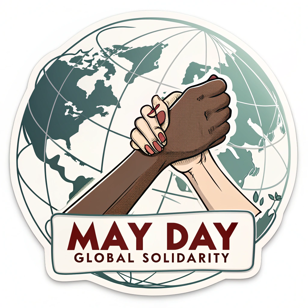 Sub-design 1: Two clasped hands, with diverse skin tones, forming the central image. Behind them, a stylized globe showing interconnected continents. Add 'May Day' and 'Global Solidarity' in a bold, protest-style font.