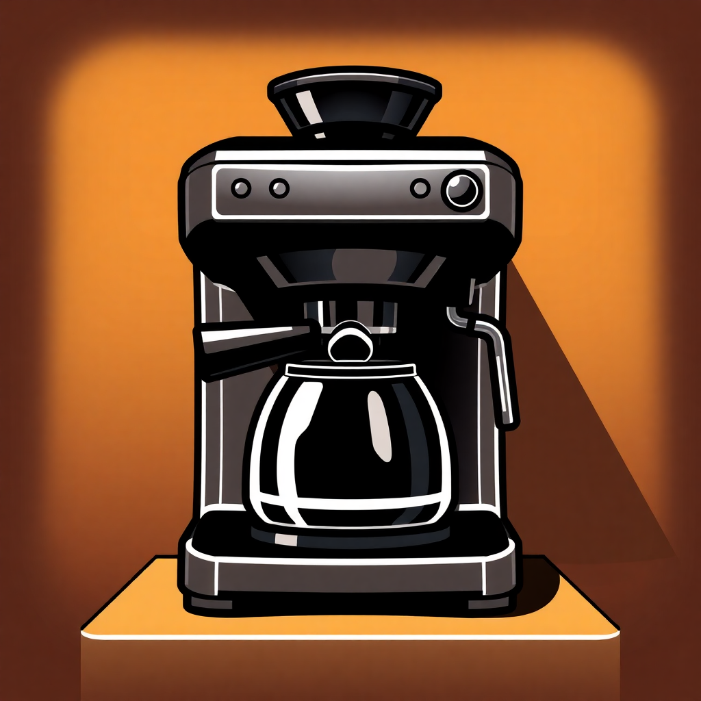 The image is a digital illustration of a coffee machine. The machine is black and silver in color and has a sleek and modern design. It is placed on a wooden base with an orange background. The top of the machine has a black lid with a handle on top, which is likely used to pour the coffee into the machine. Below the lid, there is a glass carafe with a black handle. The carafe is connected to a power source, which can be seen on the right side of the image. The coffee machine appears to be in good condition, with no visible damage or wear.