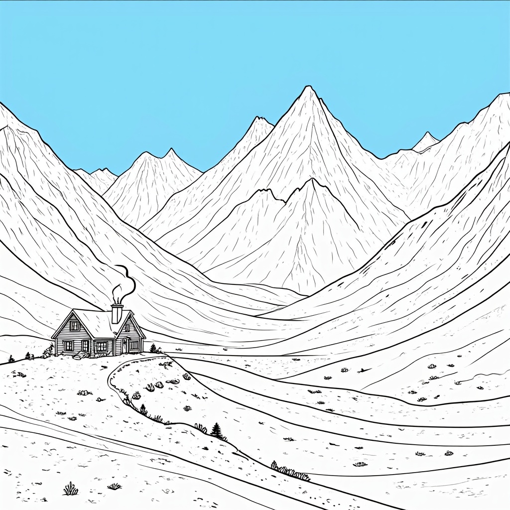 A scenic winter mountain landscape with rugged peaks capped in snow. A solitary cabin, with a plume of smoke from its chimney, sits nestled in the valley. The sky above is a clear, bright blue, hinting at a crisp, cold day.