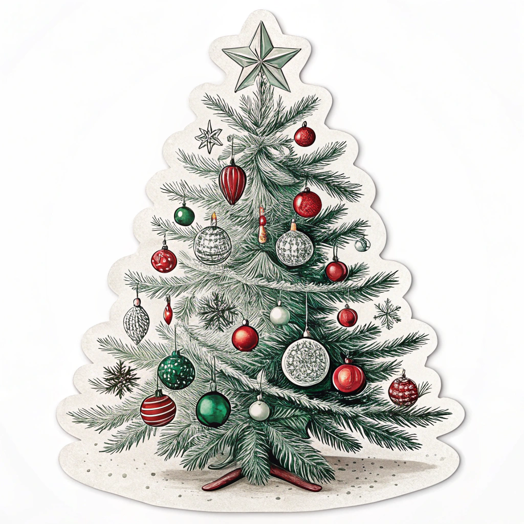 An elegant Christmas tree sticker decorated with monochrome ornaments, providing a classic and sophisticated look to your holiday decorations.