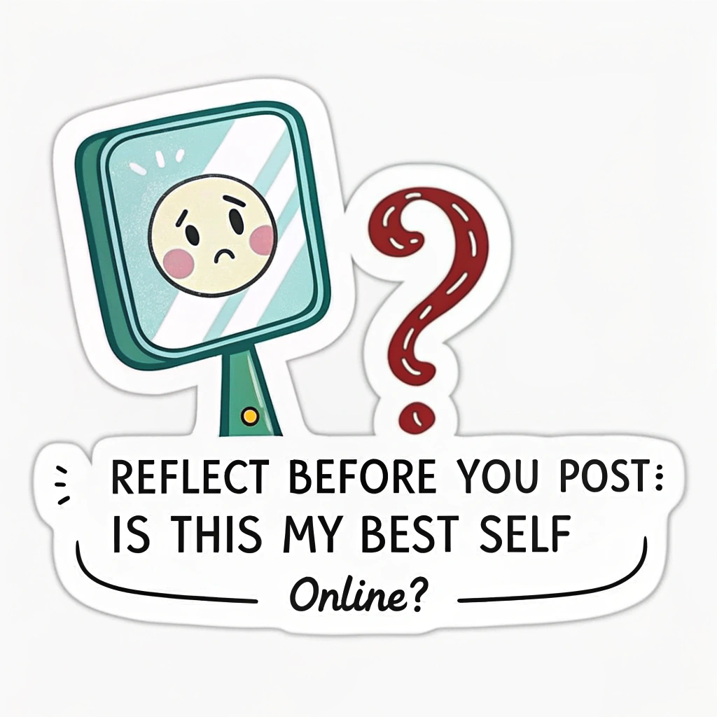 The 'Reflection Check' Sticker (Icon Style): A sticker shaped like a simple hand mirror or a phone screen reflecting a stylized question mark or a kind, thoughtful emoticon. The text would prompt self-reflection: 'Reflect Before You Post: Is this my best self online?' This serves as a simple, iconic reminder.