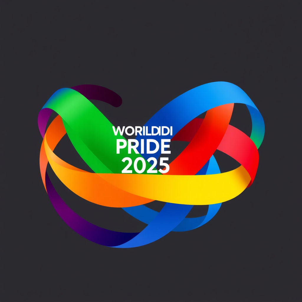 Interwoven Ribbons: Visualize WorldPride 2025 with multiple, vibrant Pride-colored ribbons dynamically intertwining. These ribbons could form an abstract globe or a constantly shifting Moebius strip, symbolizing evolving global connections and the fluid nature of identity and community for the 'Dynamic Global Pride Mark'.